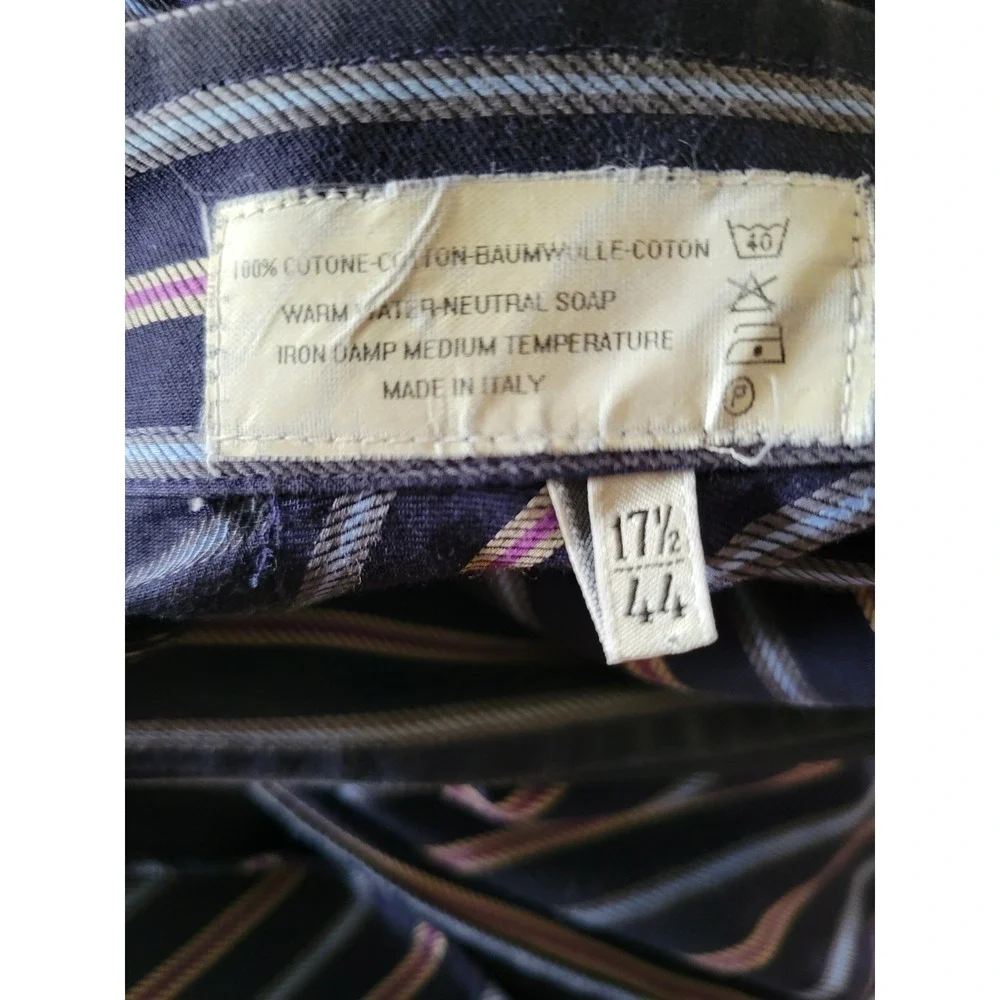 Ingram Button Up Dress Shirt Mens Sz 17.5 Blue Purple Striped Cotton Long Sleeve